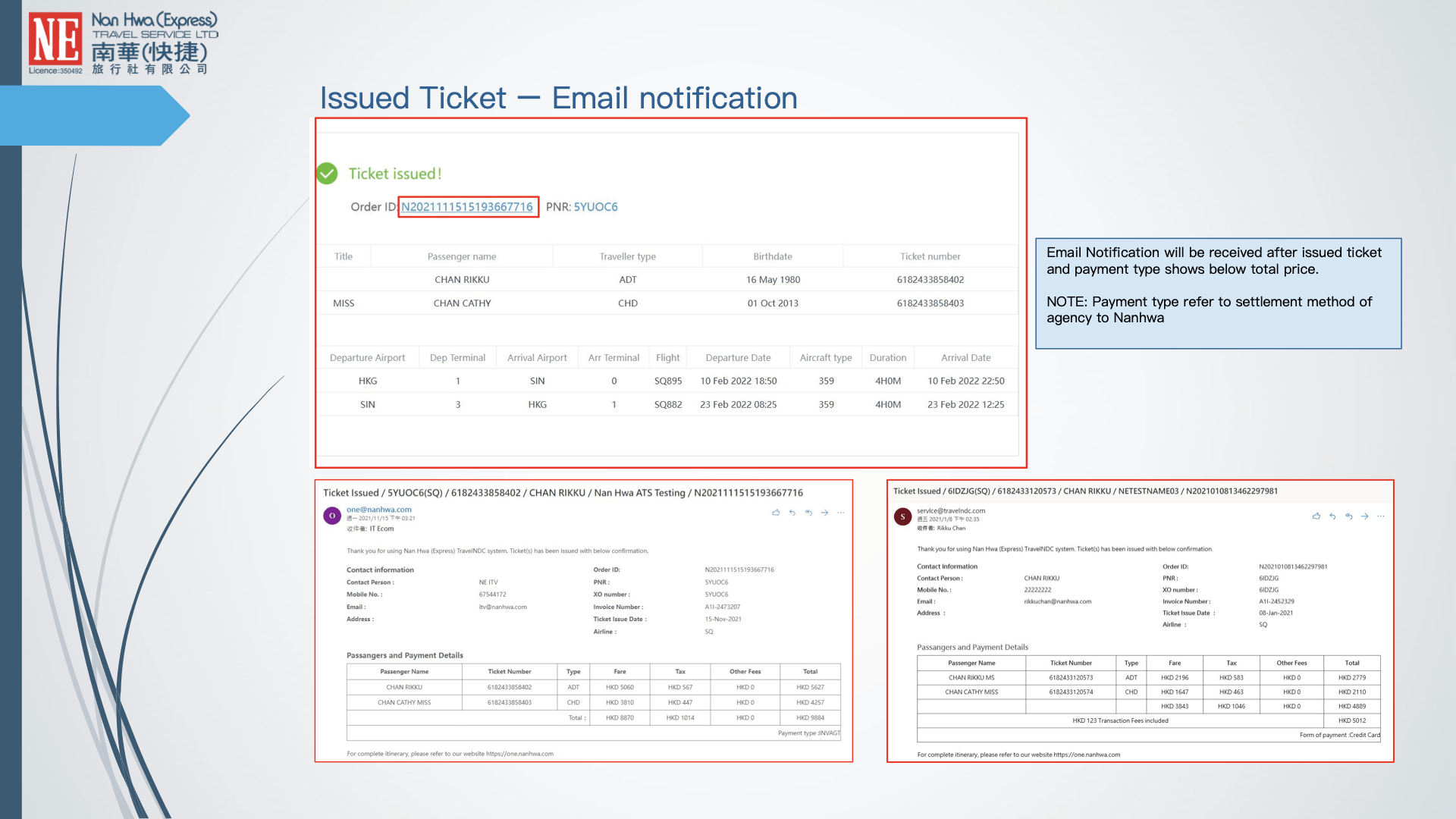Issue Ticket and Payment - Nan Hwa (Express)